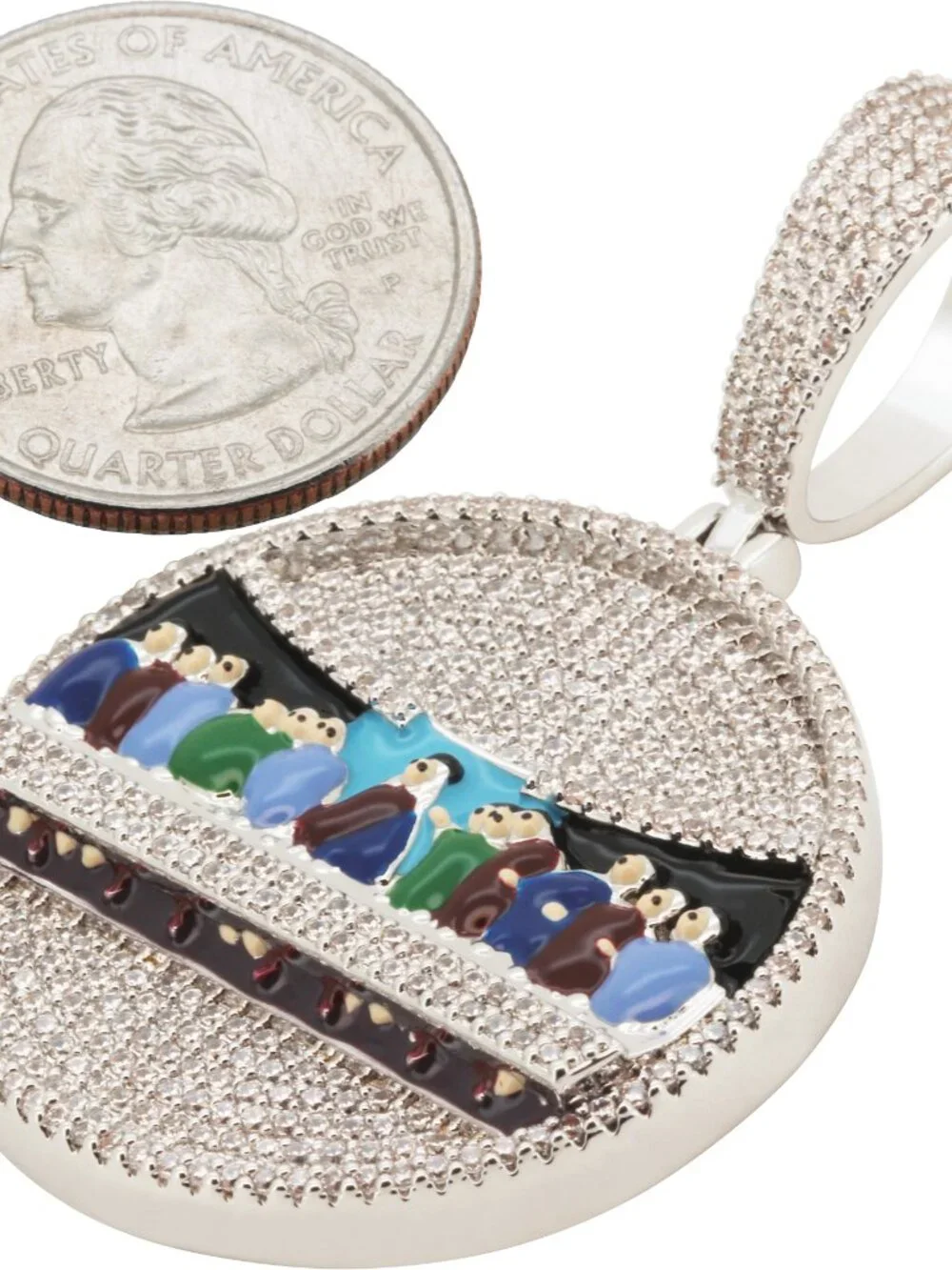 14k Yellow/White Gold Plated AAA Cubic Zirconia Last Supper Enamel Pendant